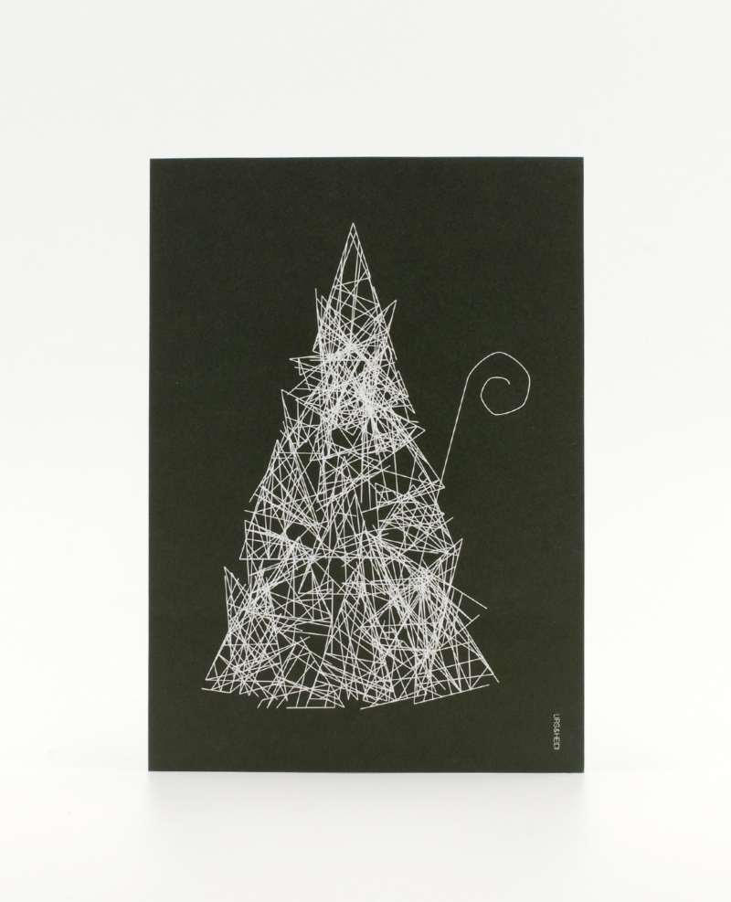 Postkarten mit Weihnachtsmann als abstrakte Skizze auf dunkelgrüner Fläche